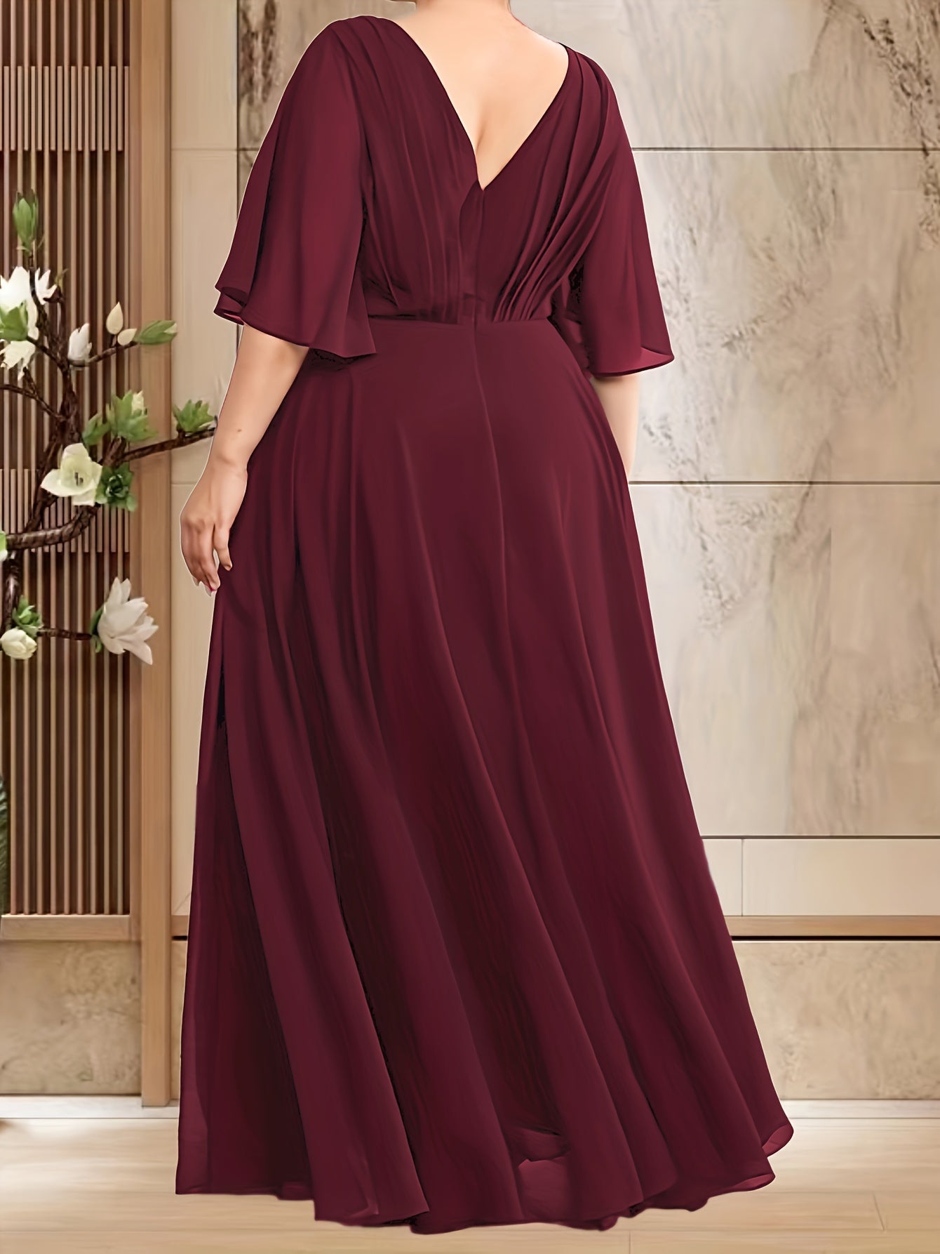 Платье для подружек невесты большого размера с цветочным рукавом и V-образным вырезом, короткий рукав, свадебное