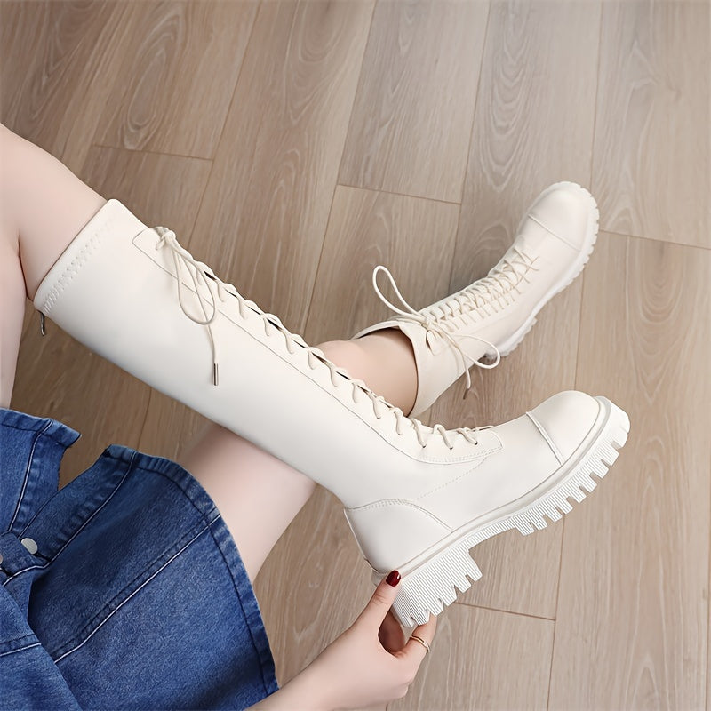 Women's Brown Leather Knee-High Riding Boots with Lace-Up Front