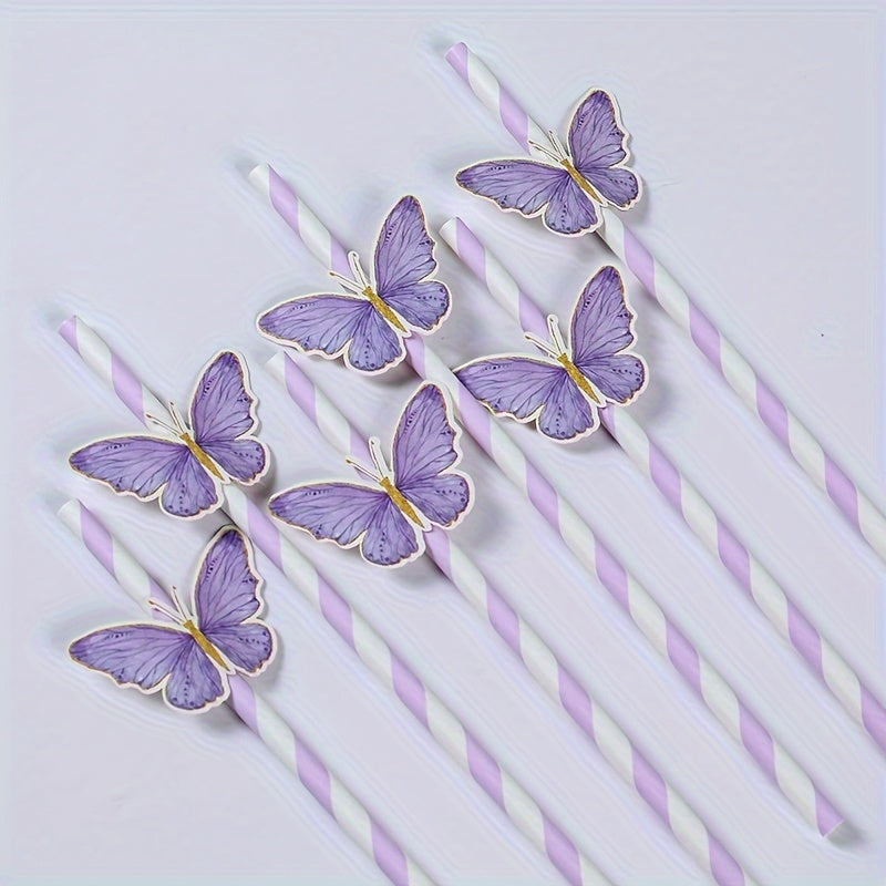 Set of 12 Pink and Purple Butterfly Paper Straws for Weddings and Parties
