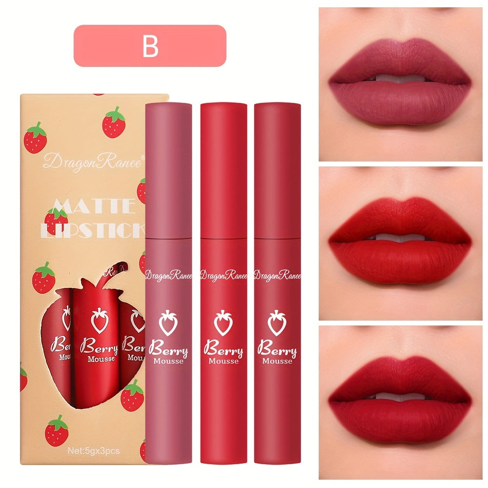 Set de 3 glosses de labios mate de terciopelo para mujer, colores fresa, no pegajoso