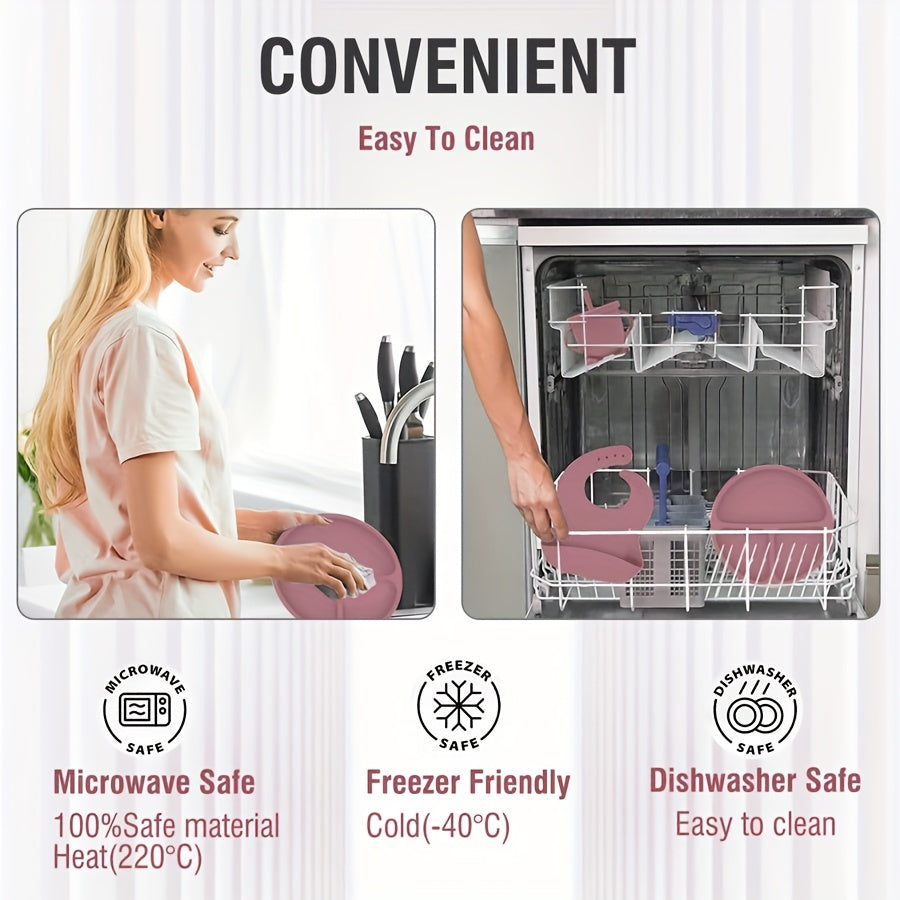 Силиконовый набор для кормления детей и малышей 0-3 года - включает в себя присоску, тарелку, регулируемый нагрудник, ложку и вилку - без BPA, ПВХ и фталатов - безопасен для микроволновой печи и духовки - идеален для самостоятельного кормления.