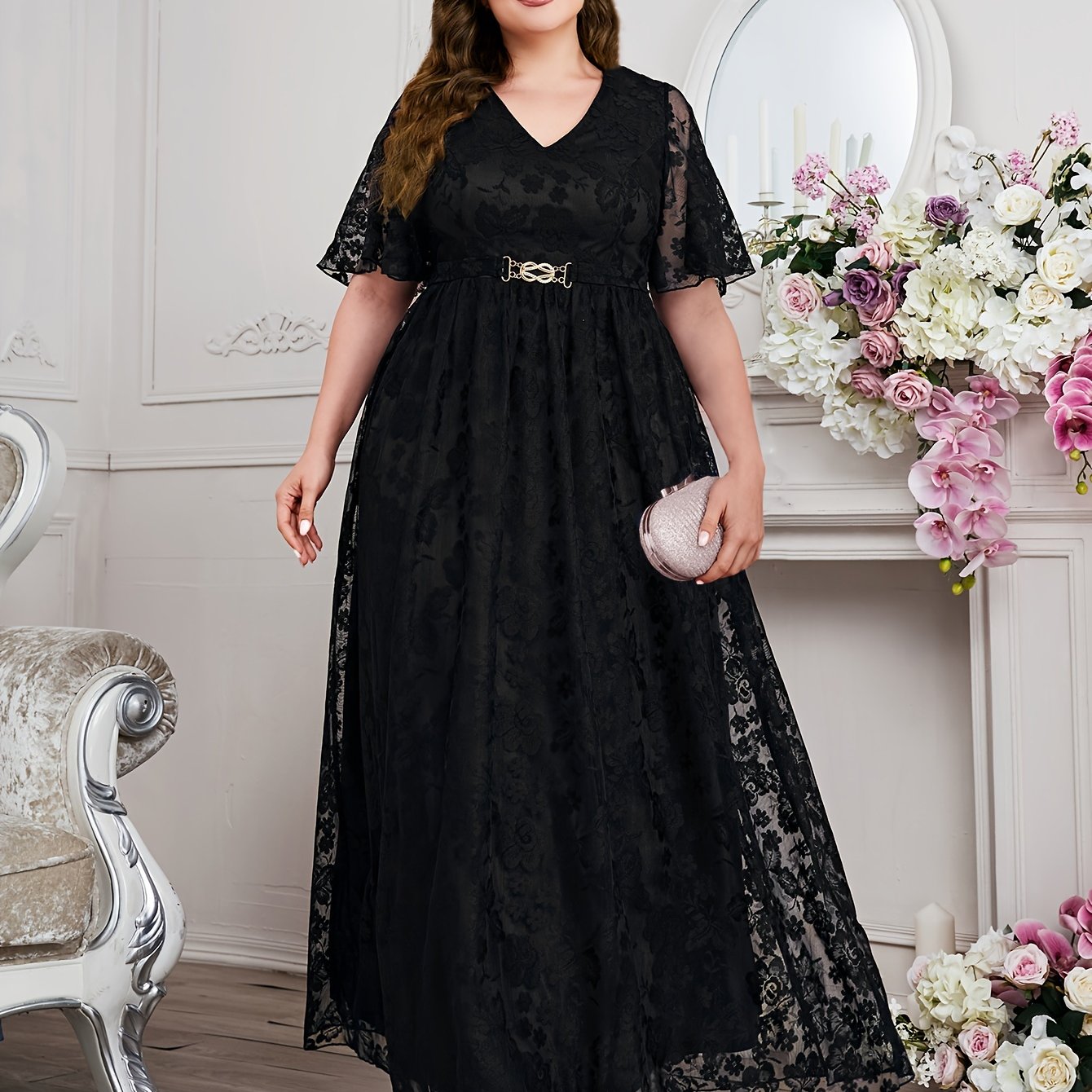 Plus Size Women's V-Neck Lace Dress with Waist Belt for Formal Weddings Black