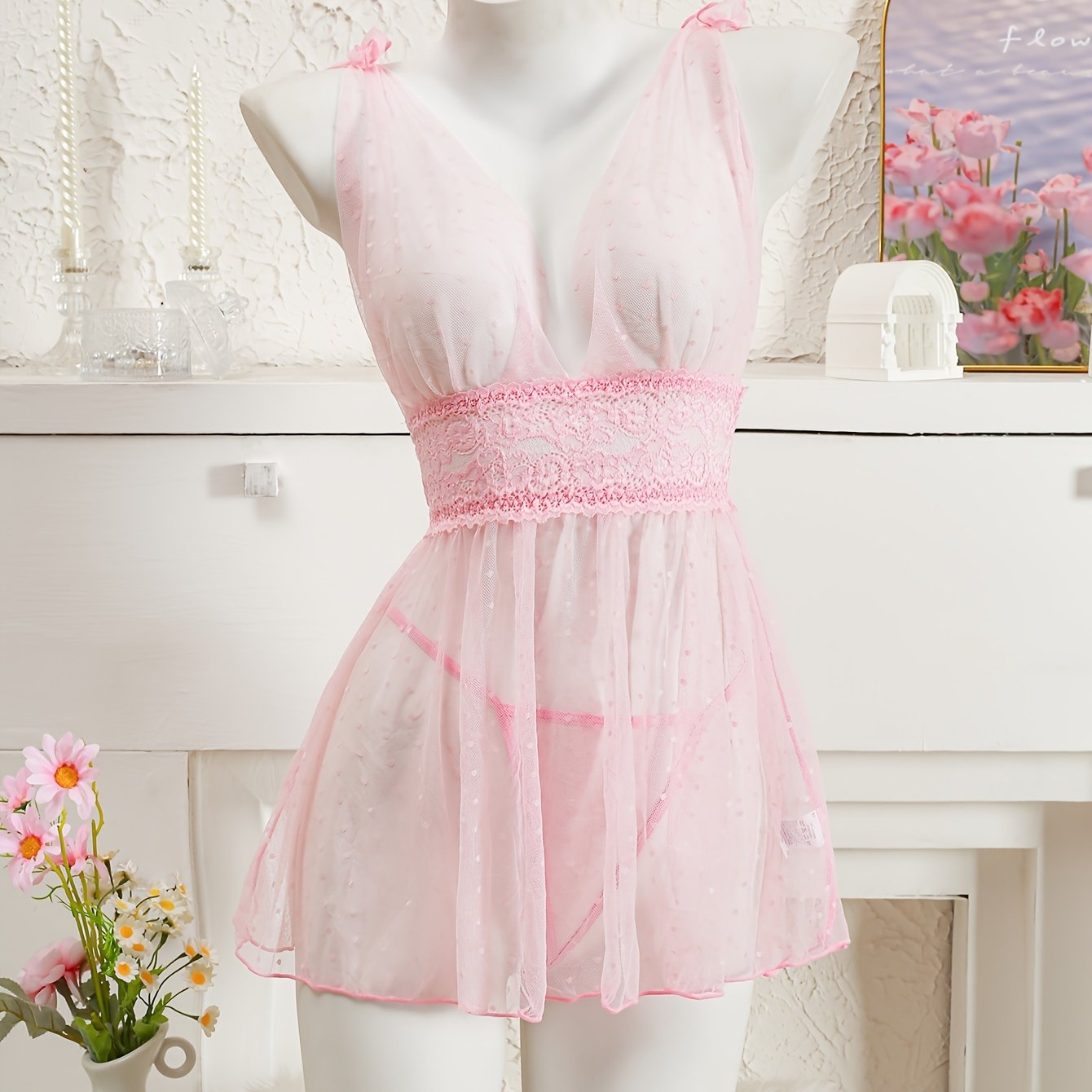 Velvet Lace Skirt Set with Bow Strap and Thong for Women