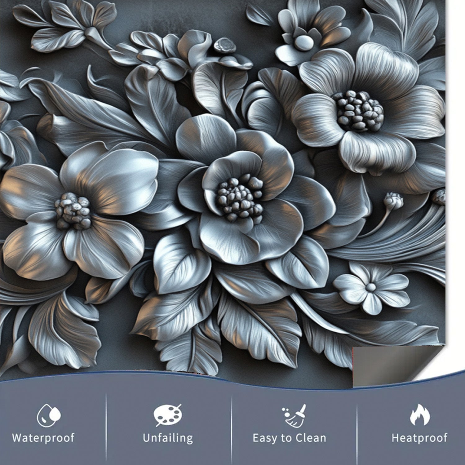 3D Relief Silvery Flower Dishwasher Magnetic Cover Waterproof Heat-Resistant Metal Panel Sticker 58.5x65 cm
