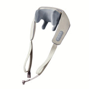 USB-перезаряжаемый массажер для шеи и плеч с шиацу, обёрнутый в серую ткань с синими акцентами, предназначен для облегчения шейного отдела позвоночника. Портативный домашний массажер для шеи и спины с элегантным дизайном.