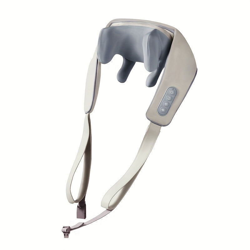 USB orqali zaryadlanadigan Shiatsu bo'yin va yelka massaj qiluvchi qoplama, ko'k aksentlar bilan kulrang matoda, bo'yin umurtqasini yengillashtirish uchun mo'ljallangan. Bo'yin va orqa uchun portativ uy massaj asbobi, zamonaviy dizaynga ega.