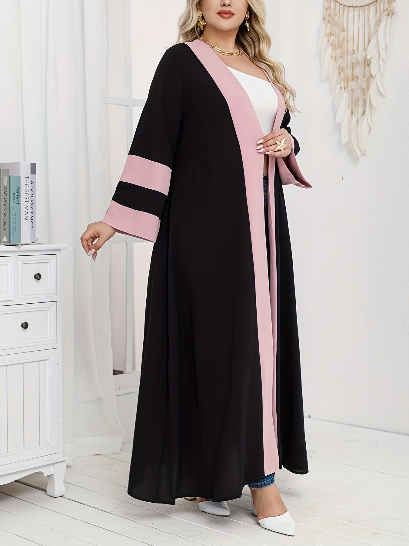 Plus size ayollar uchun kardigan ro‘ba kontrast patchwork mini kiyim