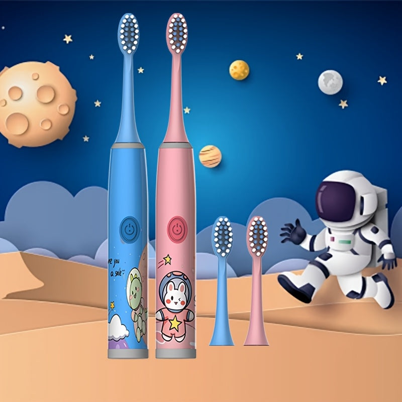 Электрическая зубная щетка для детей с 4 насадками, мягкая щетина, работает на батарейках