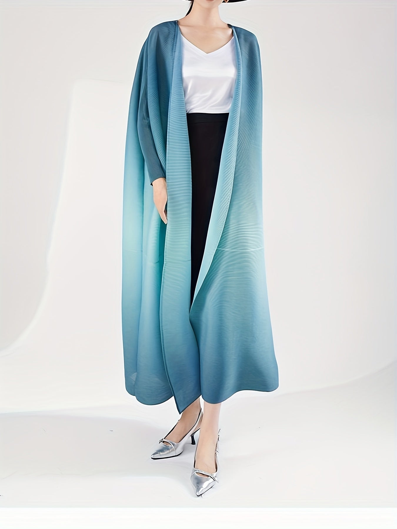 Vestido de punto largo para mujer con cardigan de manga batwing en degradado azul, ligero y casual