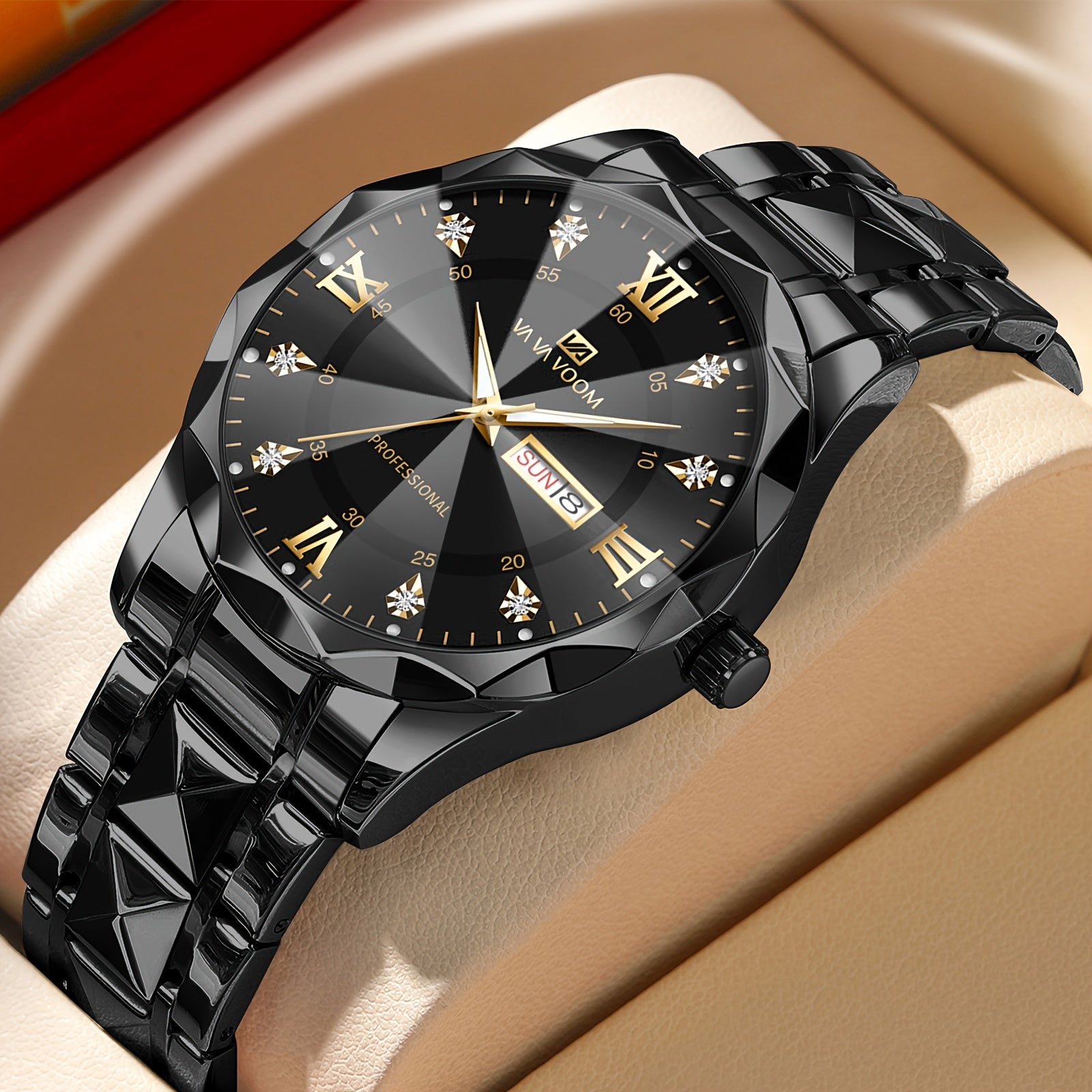 Men's Stainless Steel Watch with Night Glow Rhinestone Rivets Business Style