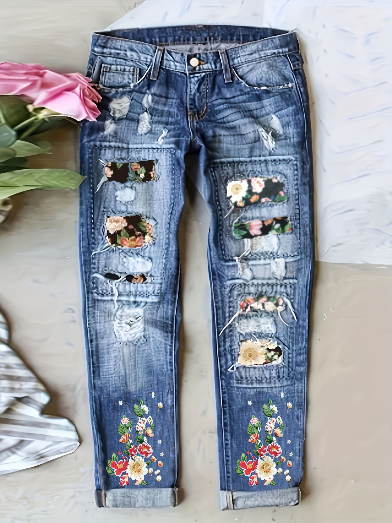 Plus Size Floral Patchwork High-Waisted Skinny Jeans High Rise Denim