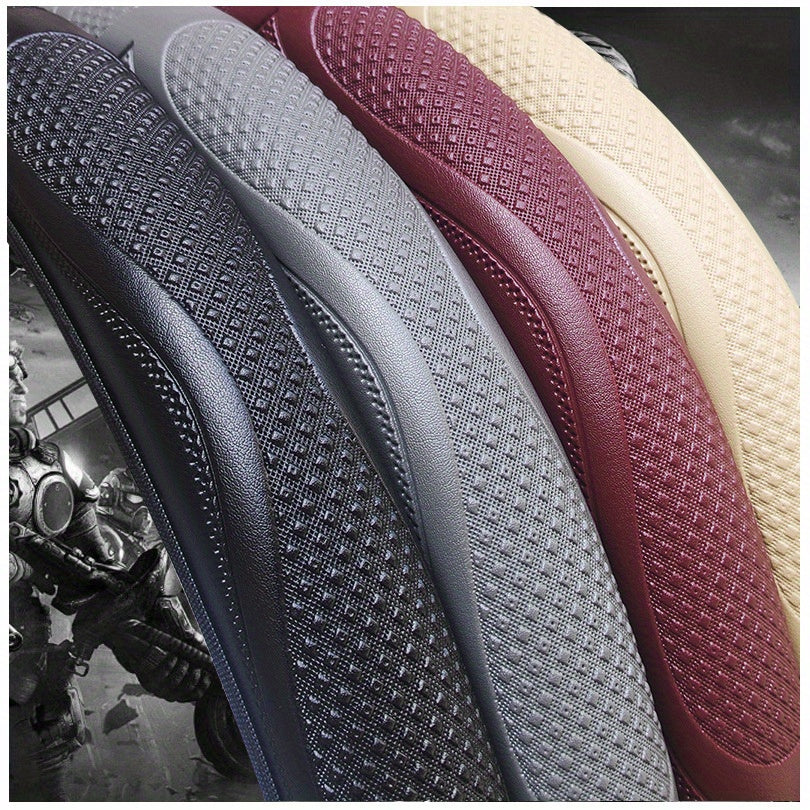 Universal Non-Slip PU Leather Steering Wheel Cover Black Red Stitching 36-38cm