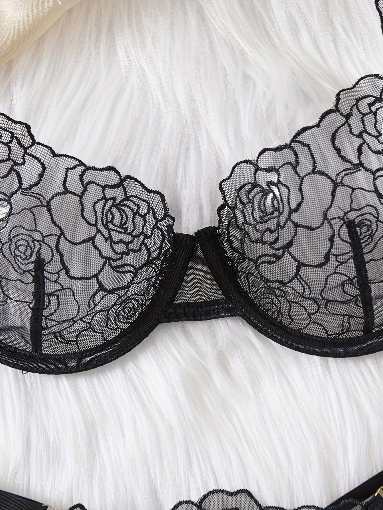 Women's Sheer Floral Embroidered Lingerie Set with Breathable Solid Color Bra and Thong