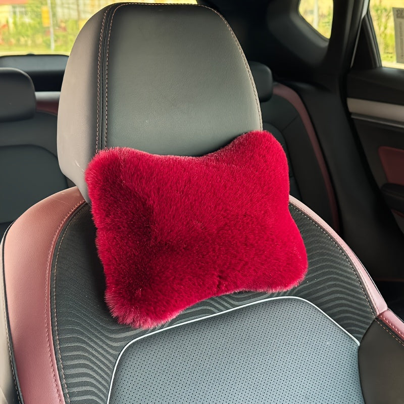 Car Headrest and Lumbar Pillow Pink Plush All-Season Neck and Lower Back Support