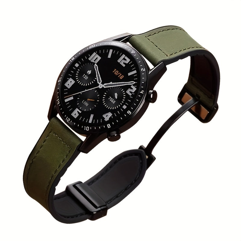 Sintetik charmli smart soat tasmasi, 22mm/20mm o'lchamda Samsung, Garmin, Xiaomi va Huawei kabi turli brendlar bilan mos keladi. Zamonaviy uniseks dizayni, suvga chidamli va magnit xususiyatlariga ega.