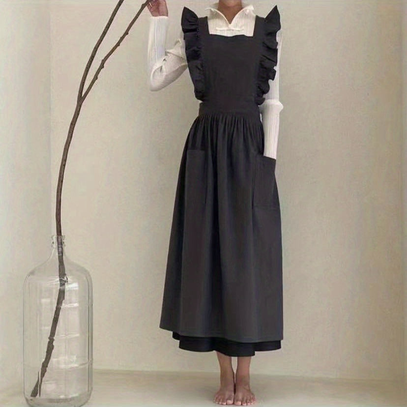 Women's Woven Fabric Apron with Pockets Solid Color 180gsm