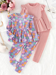 Girls Long Sleeve Peplum Top and Casual Pants Co-ords Set Floral Solid Spring Fall Outdoor Clothes