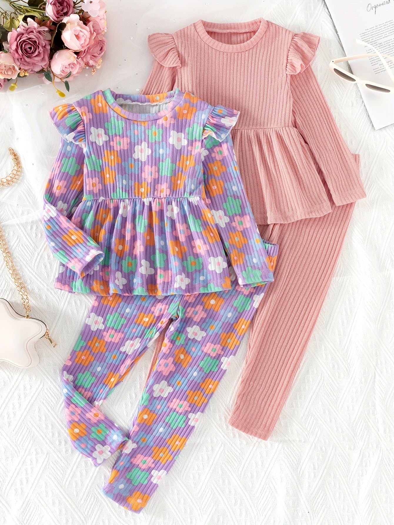 Girls Long Sleeve Peplum Top and Casual Pants Co-ords Set Floral Solid Spring Fall Outdoor Clothes