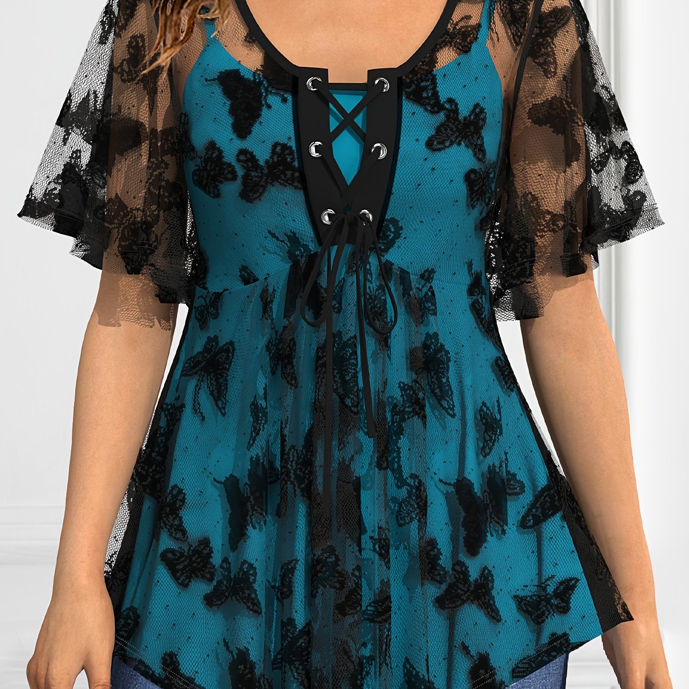 Women's Plus Size Butterfly Pattern Short Sleeve Top Lace Up Lace Top