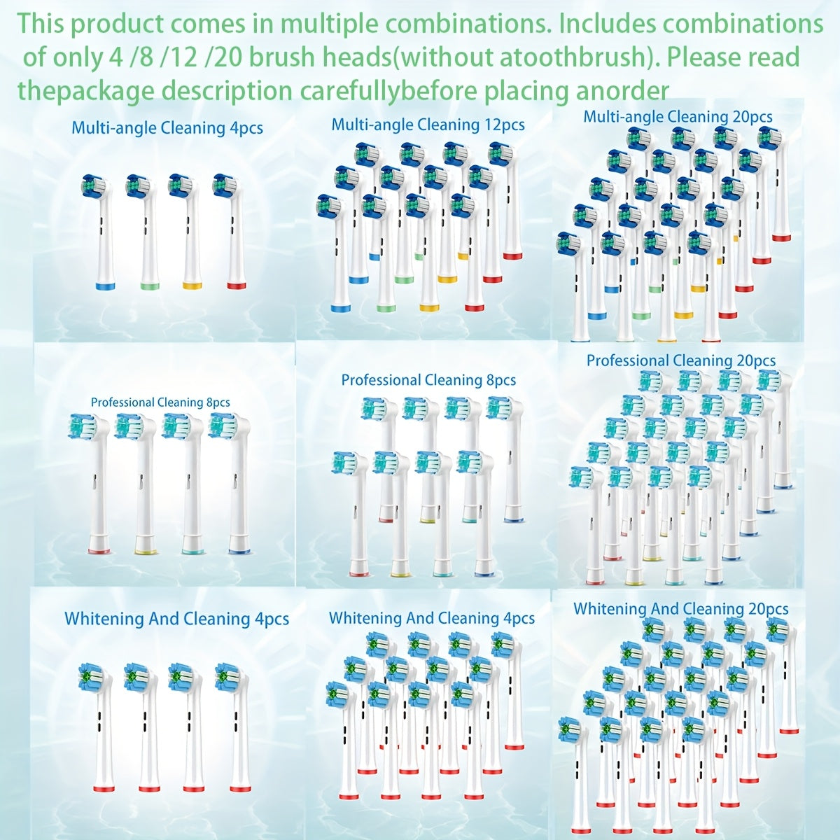 Cabezas de cepillo de dientes eléctricas reemplazables, limpieza multifuncional en múltiples ángulos, paquete de 4/8/20