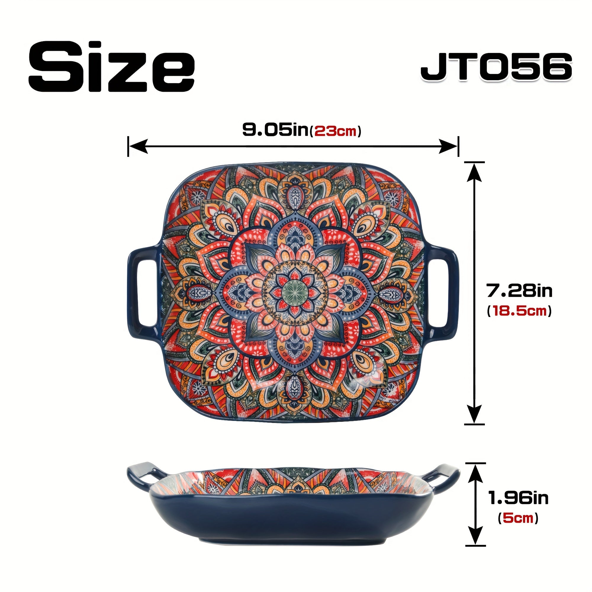 Square Ceramic Serving Tray with Floral Design and Double Handles