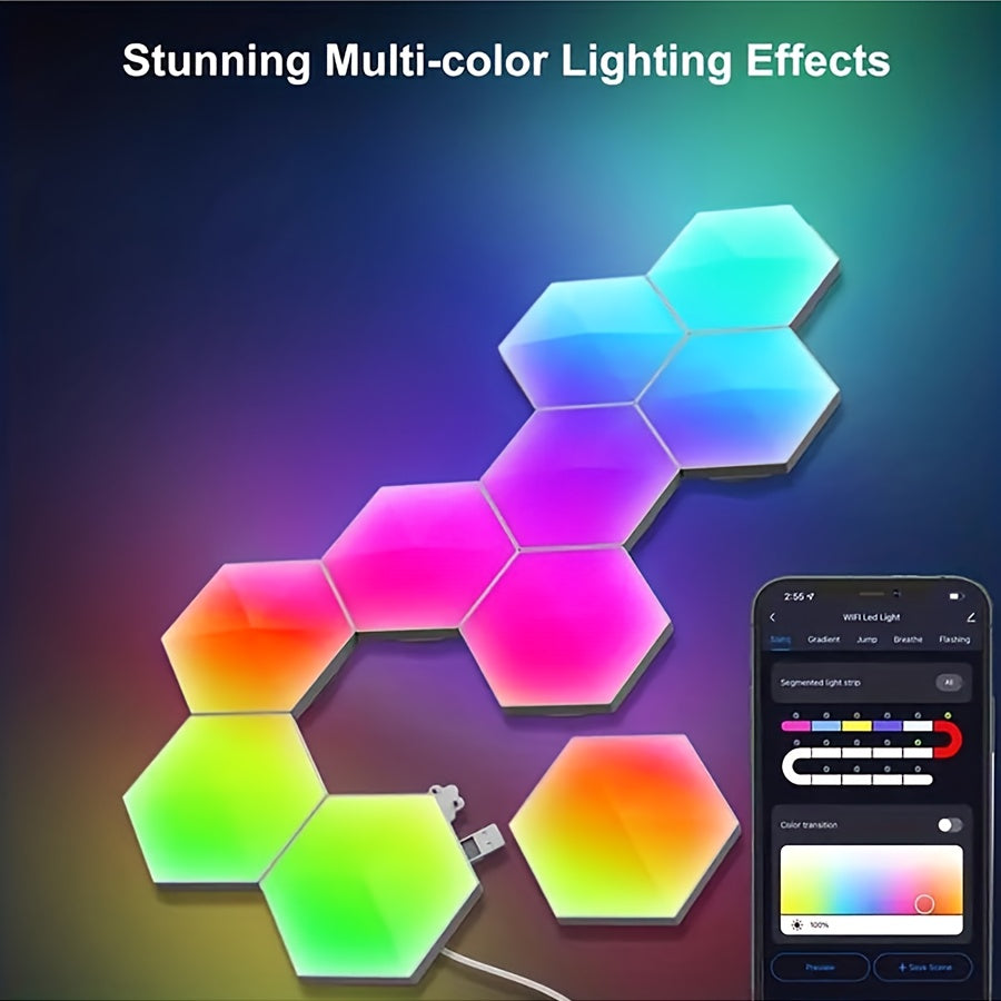 RGB Hexagon LED Wall Lights Set of 10 Modular Panels for DIY Geometry Splicing and Music Sync