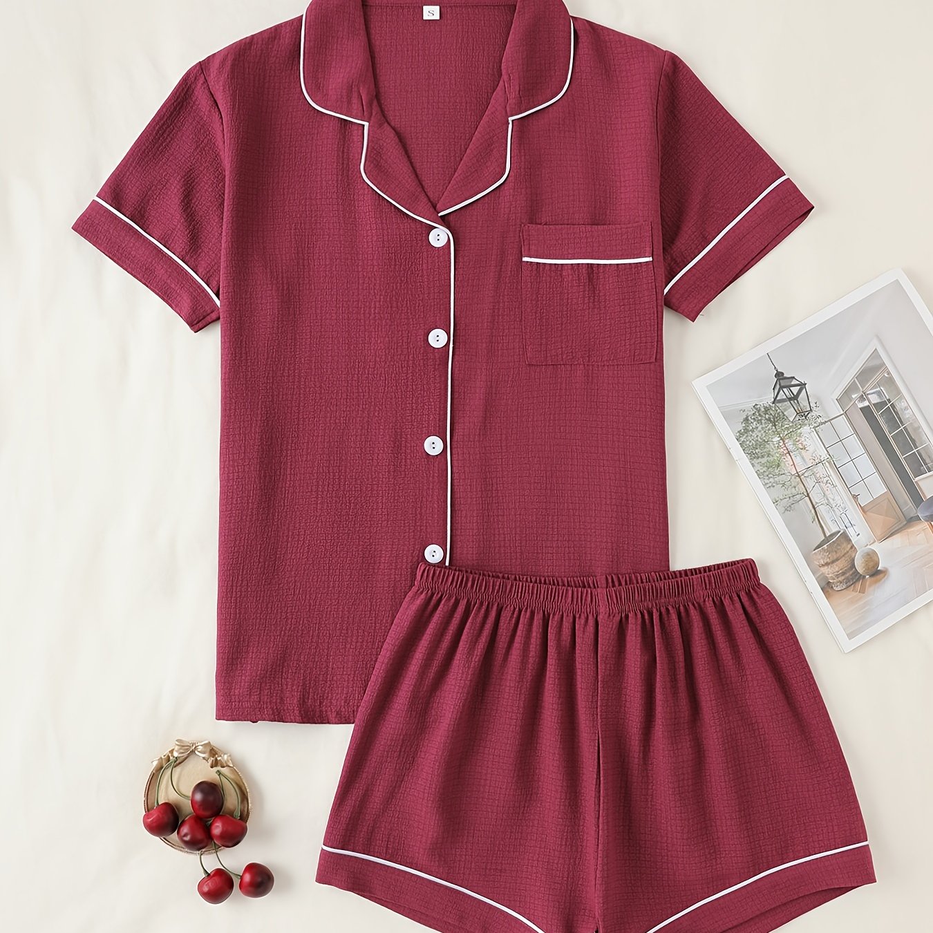 Women's Summer Pajama Set Short Sleeve Button-Up Top with Lapel Collar and Elastic Shorts
