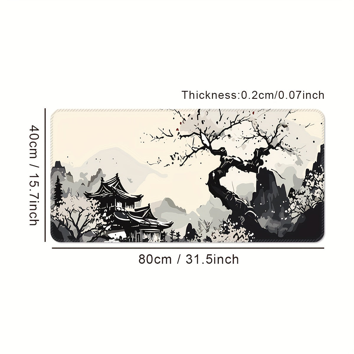 Large Gaming Mouse Pad Washable Non-Slip Rubber Desk Mat Japanese Ink Landscape Design Cherry Blossoms Mountain Scenery