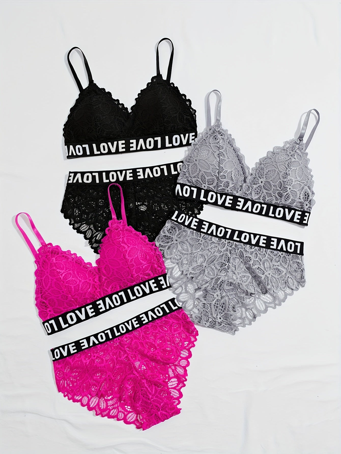 Women's Floral Lace Lingerie Set with Letter Print Contrast Trim Cami Bra and Panties