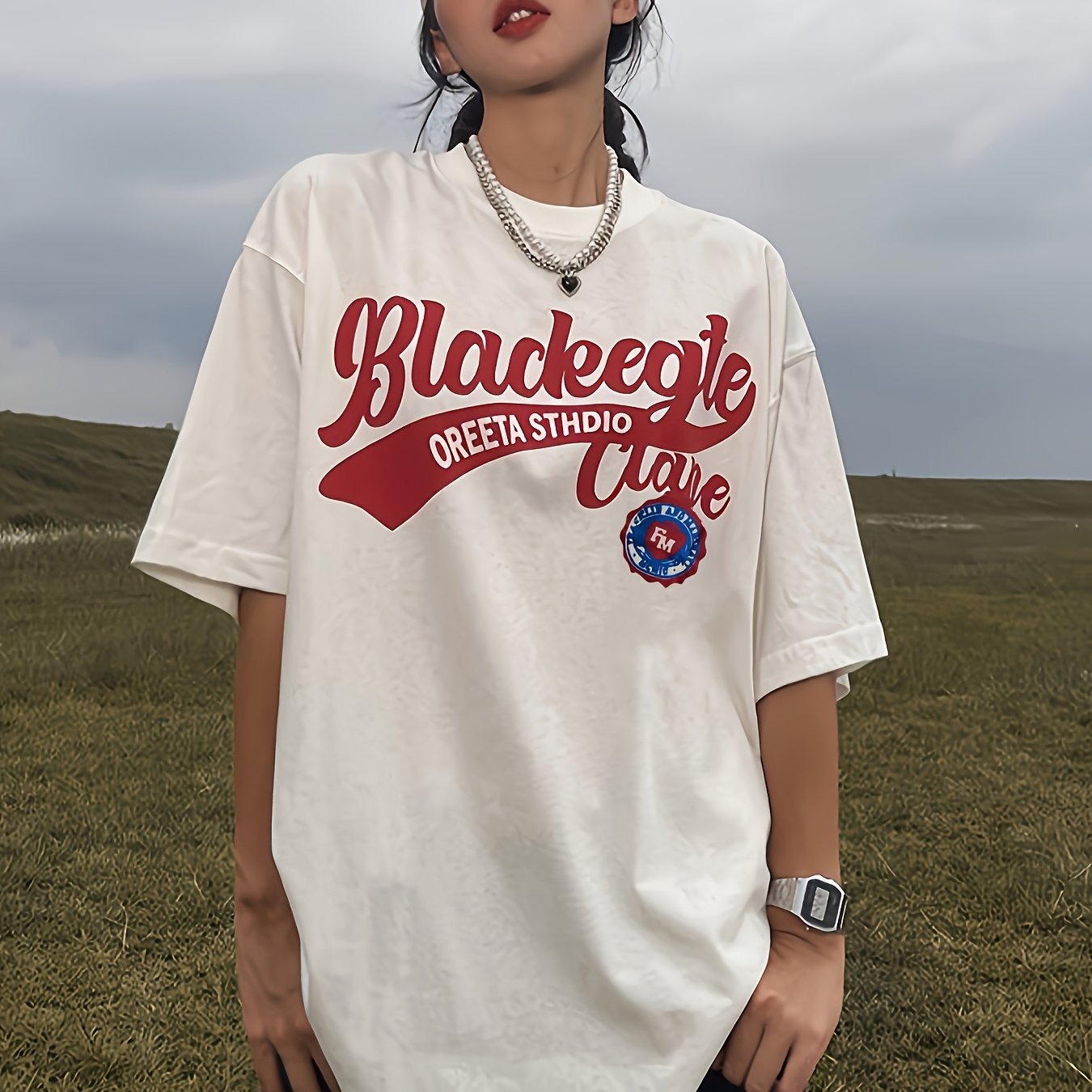 Women's Oversized Graphic T-Shirt Retro Letter Print Casual Short Sleeve Top