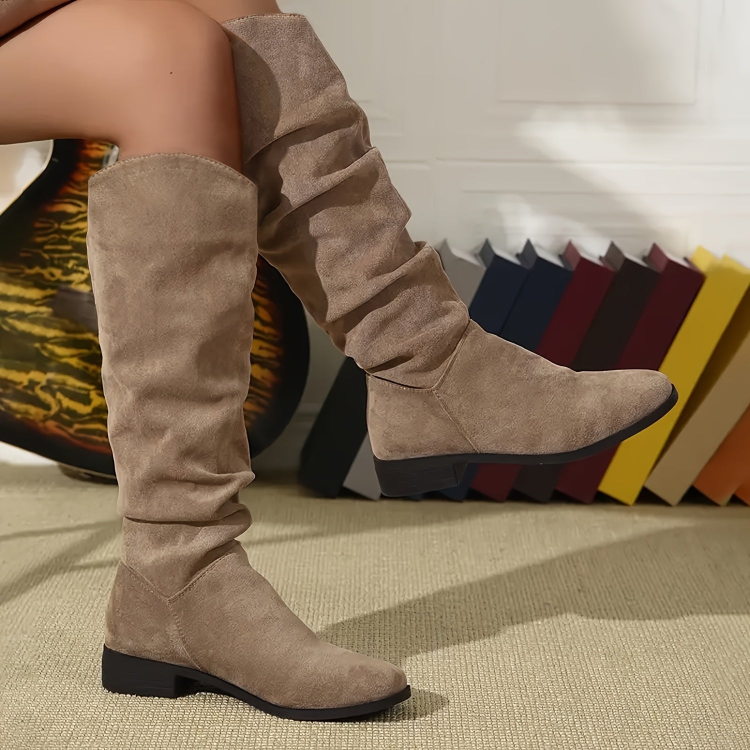 Women's Brown Mid-Calf Boots with Chunky Heel and Pointed Toe