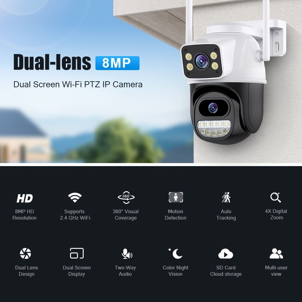 Outdoor 4K 8MP Security Camera with 3 Lenses Dual Screens Human Detection Auto Tracking WiFi Night Vision