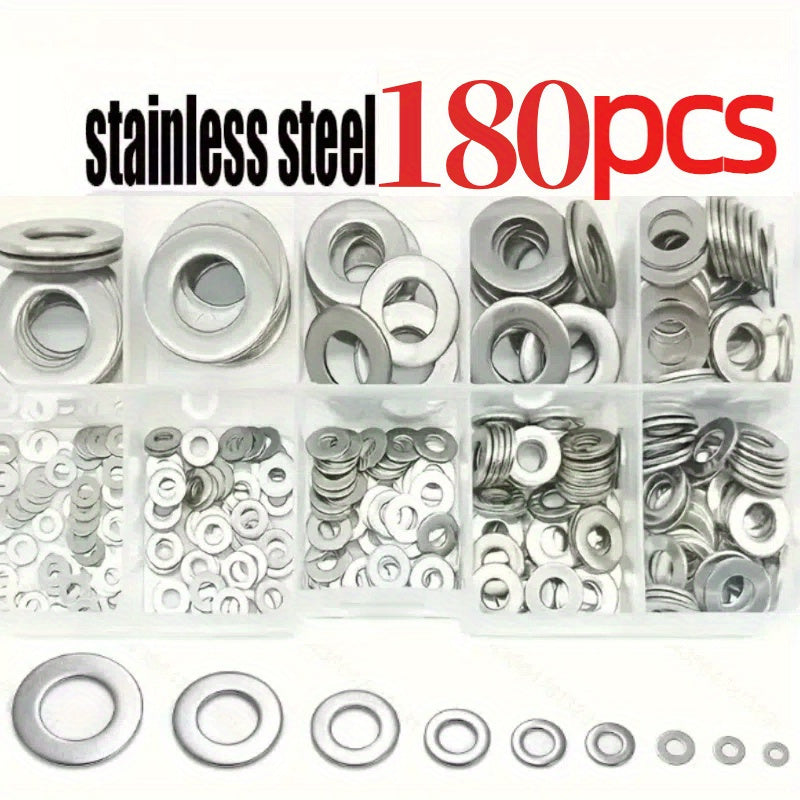 180-Piece Stainless Steel Flat Washer Set M2-M10 for Screws Bolts and Repairs