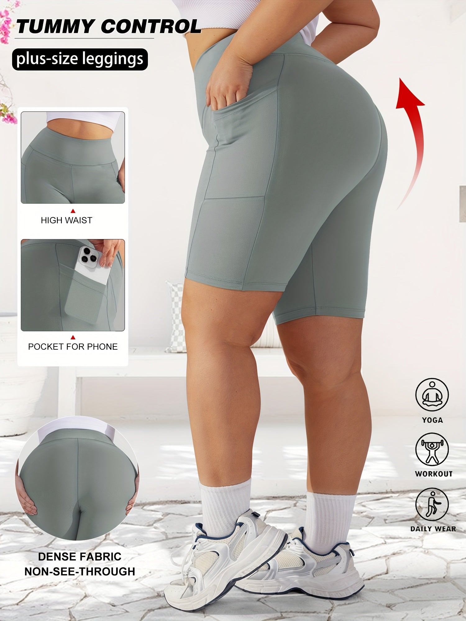 ayollar uchun keng o'lchamli yuqori belli qorin nazorati uchun sport shortlari, cho'ntaklar bilan