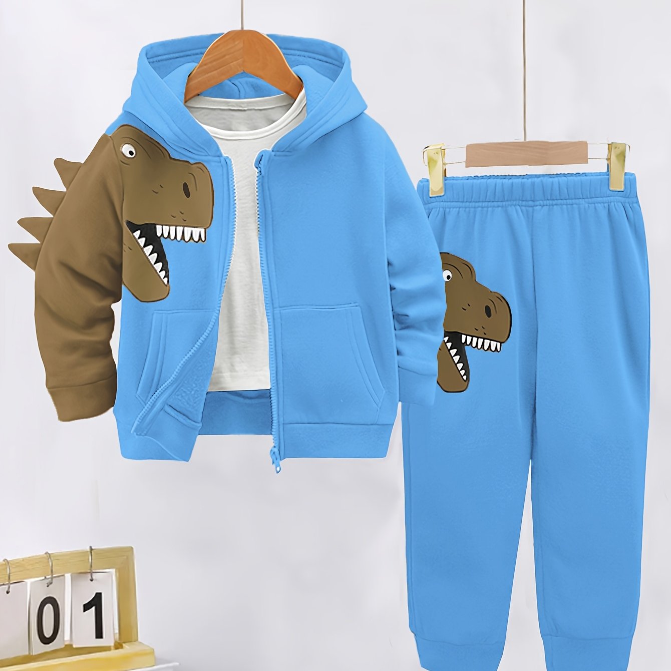 Boys' Dinosaur Print Hoodie and Jogger Set - Cozy Polyester Fall Winter Kids