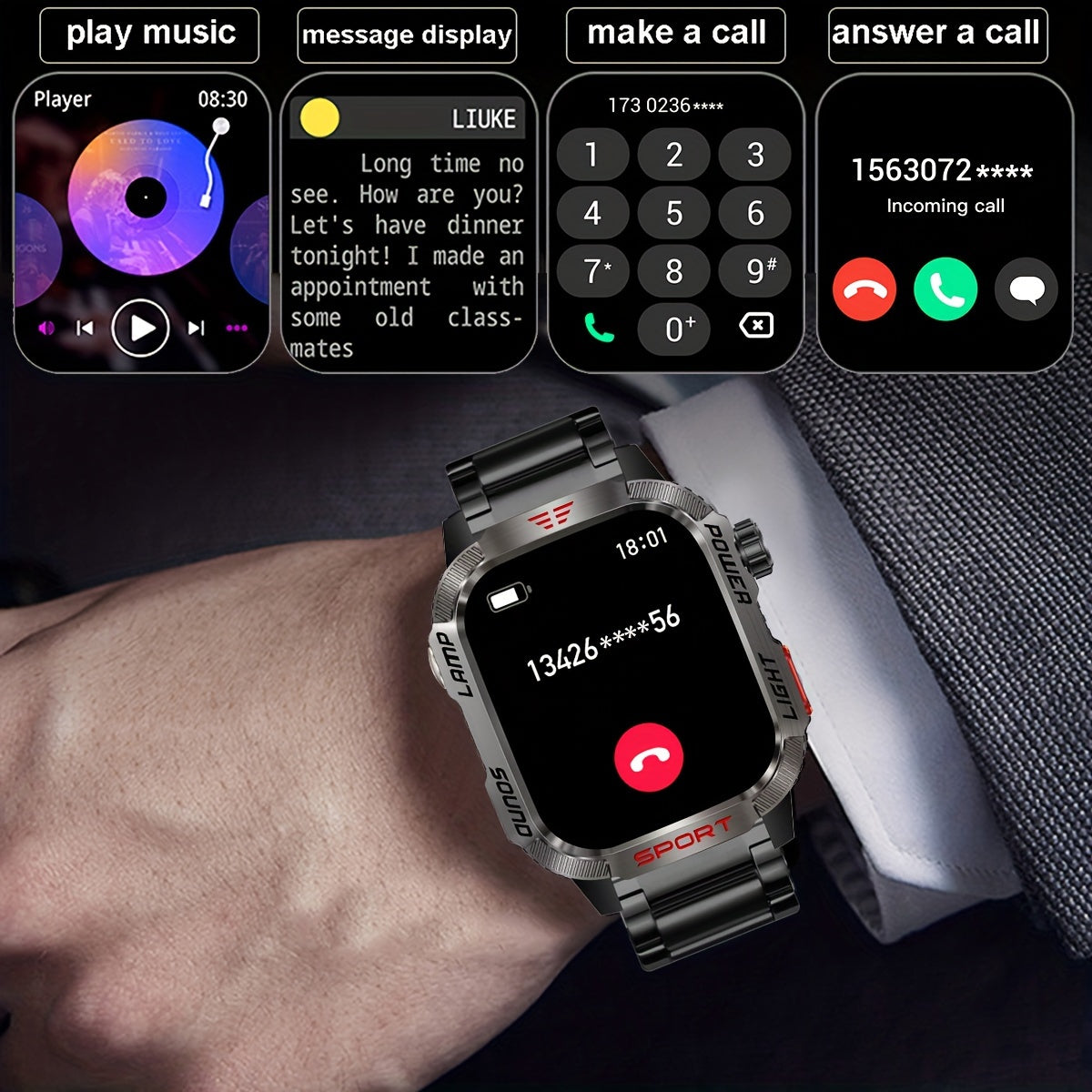 Outdoor Waterproof Smartwatch with Wireless Call Fitness Tracking and LED Flashlight