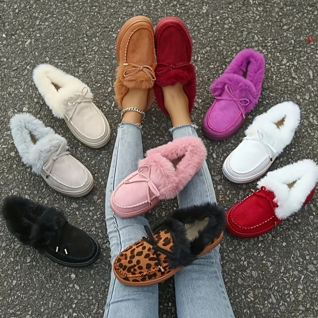 Women's Plush Fleece-Lined Slip-On Winter Boots with Bow Charm and Faux Fur