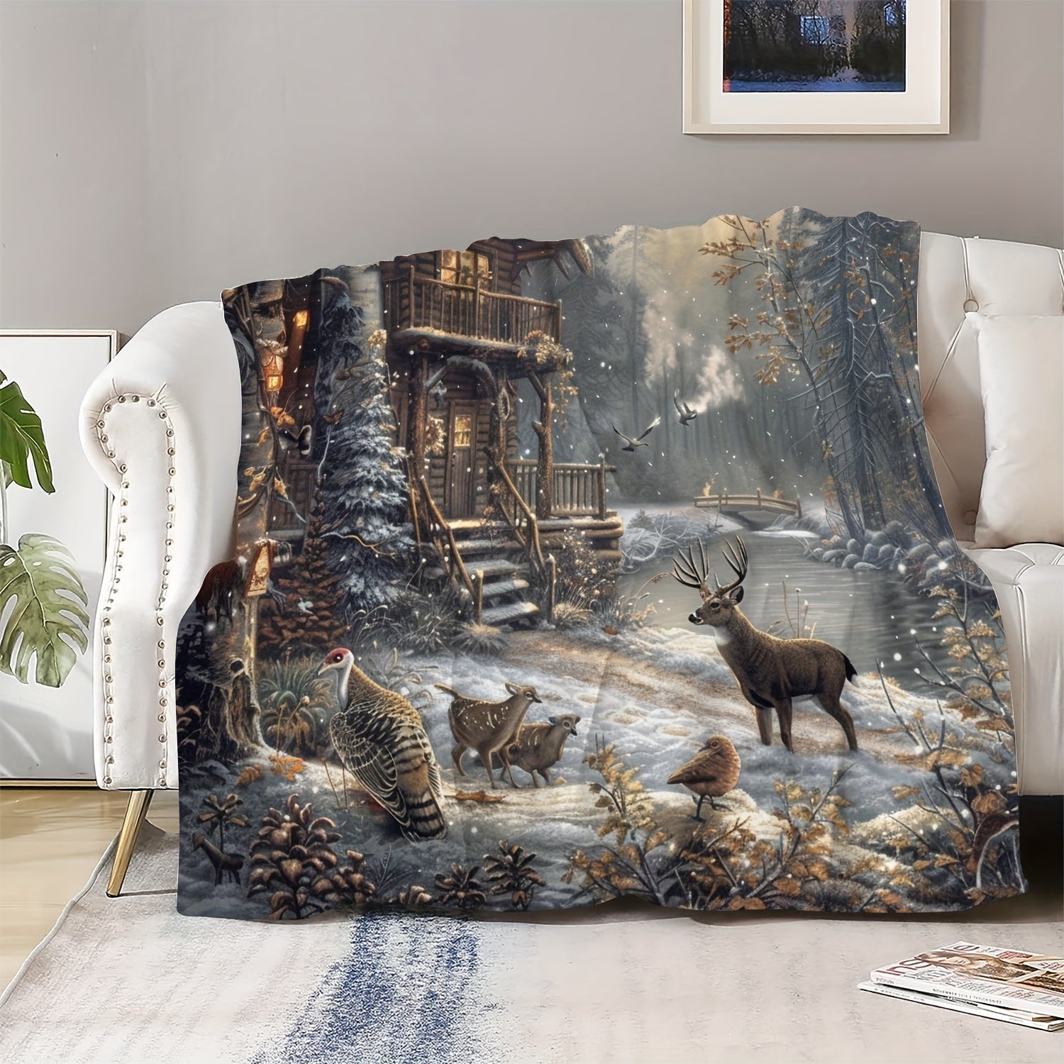 Flannel Forest Elk Blanket Warm Cozy Throw for Bed Sofa Travel