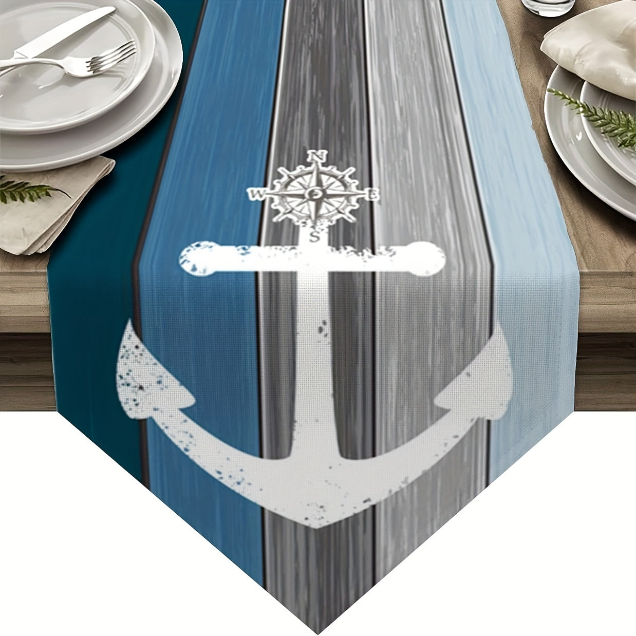 Nautical Table Runner Anchor and Compass Design Gray Blue Wood Grain 13x48 13x72 13x108