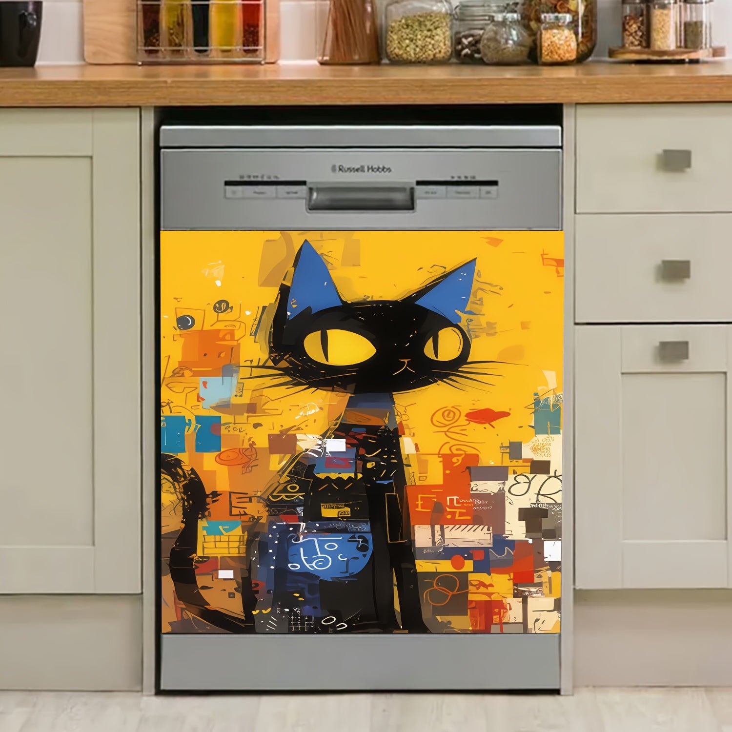 Set of 4 Black Cartoon Cat Magnetic Dishwasher Door Stickers for Easy Cleaning
