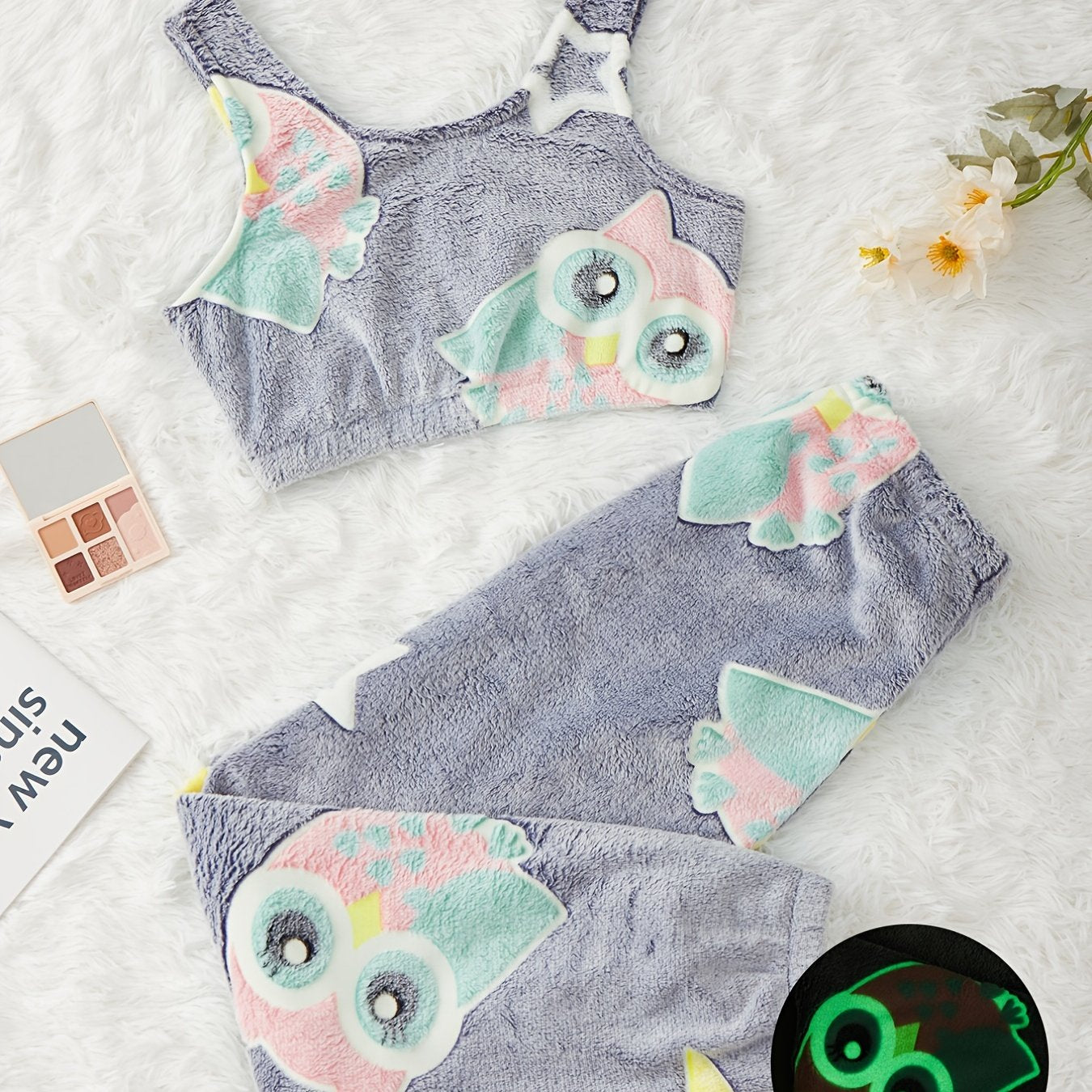 Adult Galaxy Star Print Luminous Flannel Pajama Set with Pants