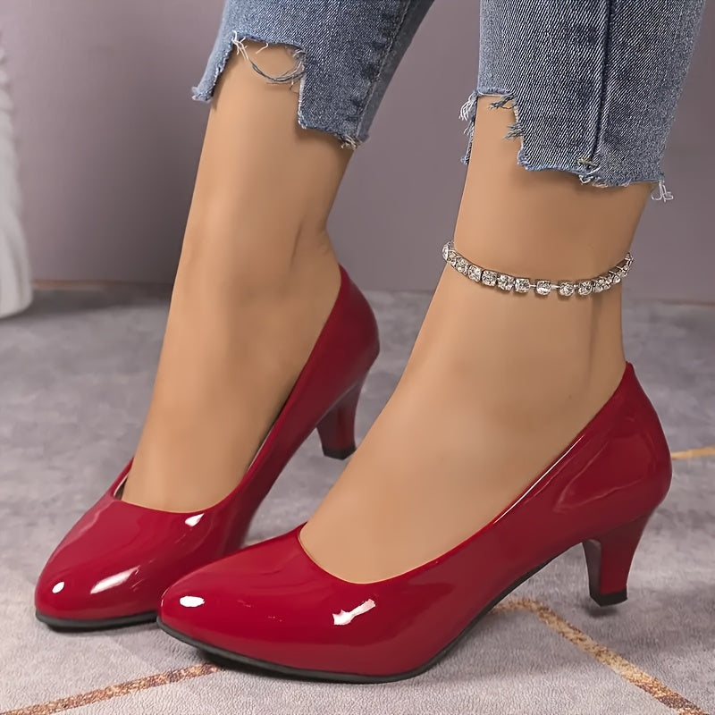 Women Red Mary Jane Heels Mid-Heel Round Toe Formal Shoes