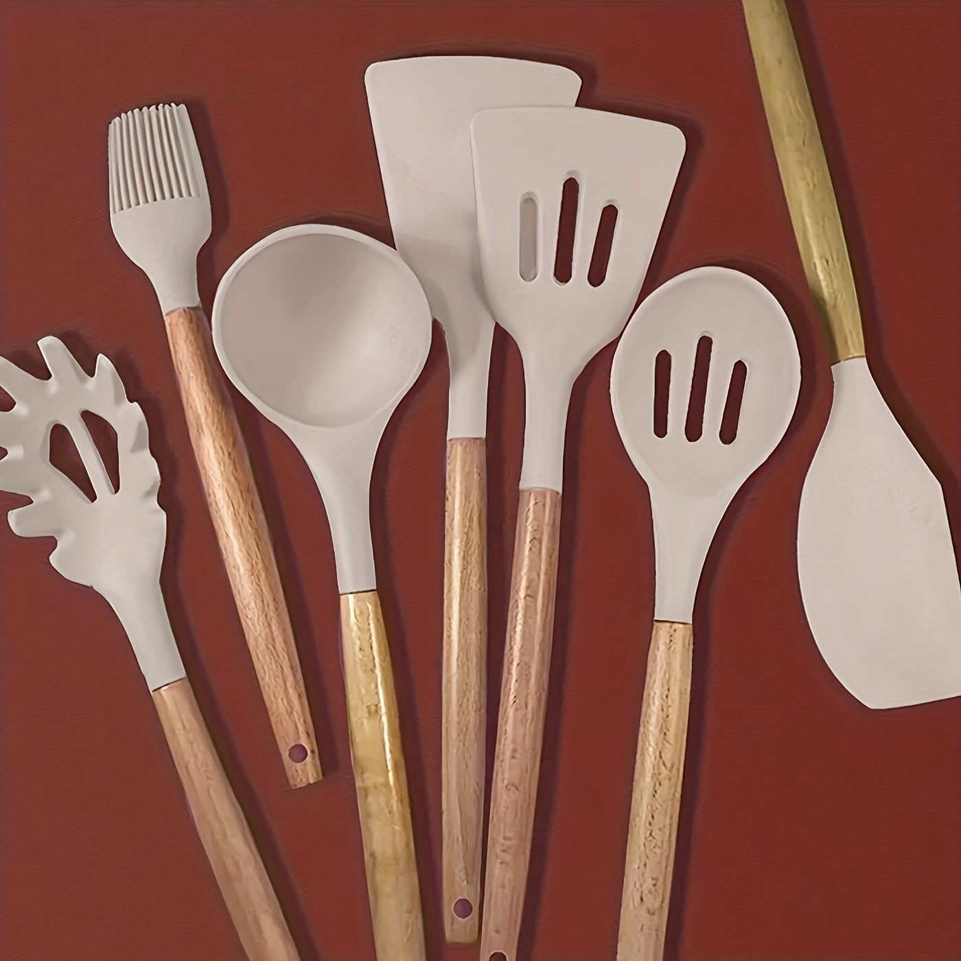 Set of 7 Silicone Kitchen Utensils with Wooden Handles Non-Stick Heat Resistant Cooking Tools