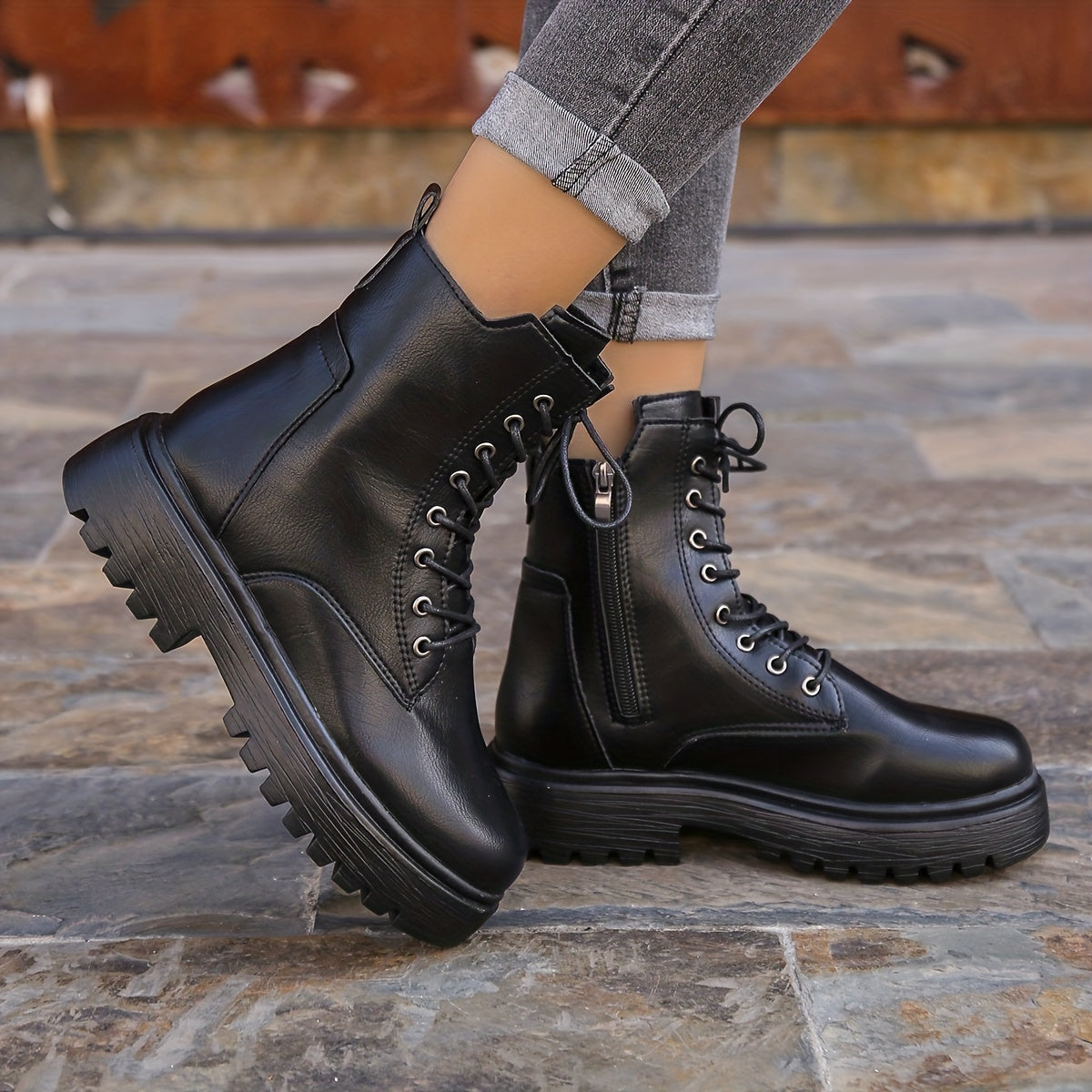 Women's Black Synthetic Leather Classic Boots with Neat Laces