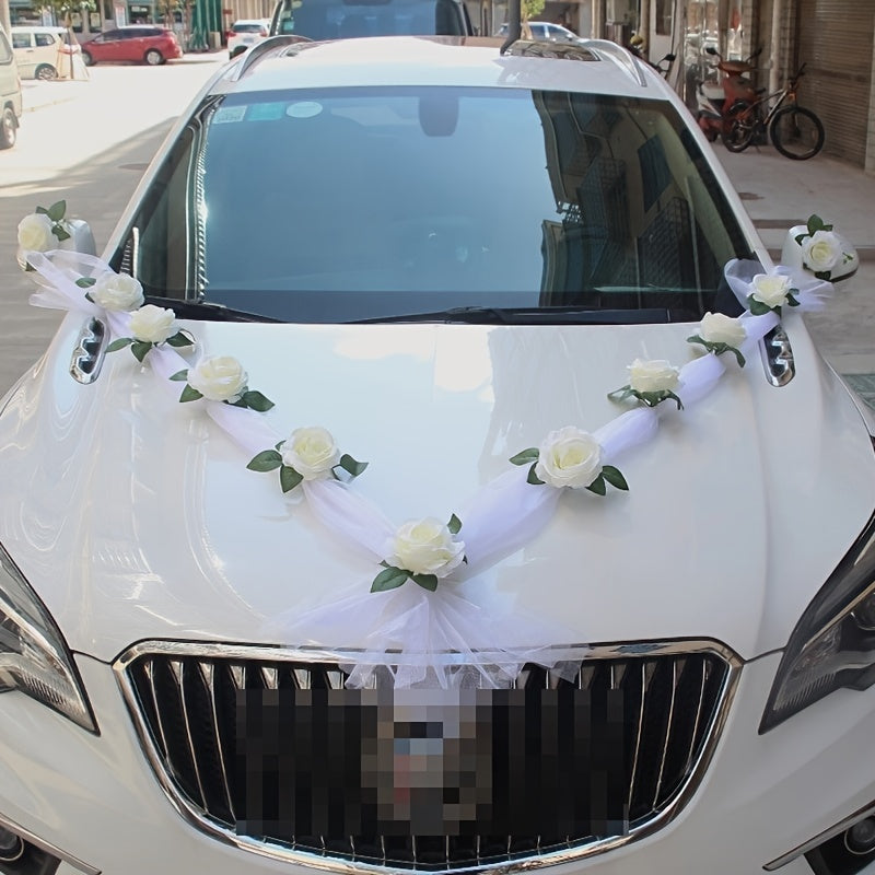 White Rose Car Roof Garland with Door Handle Ribbons 120cm Wedding Decor