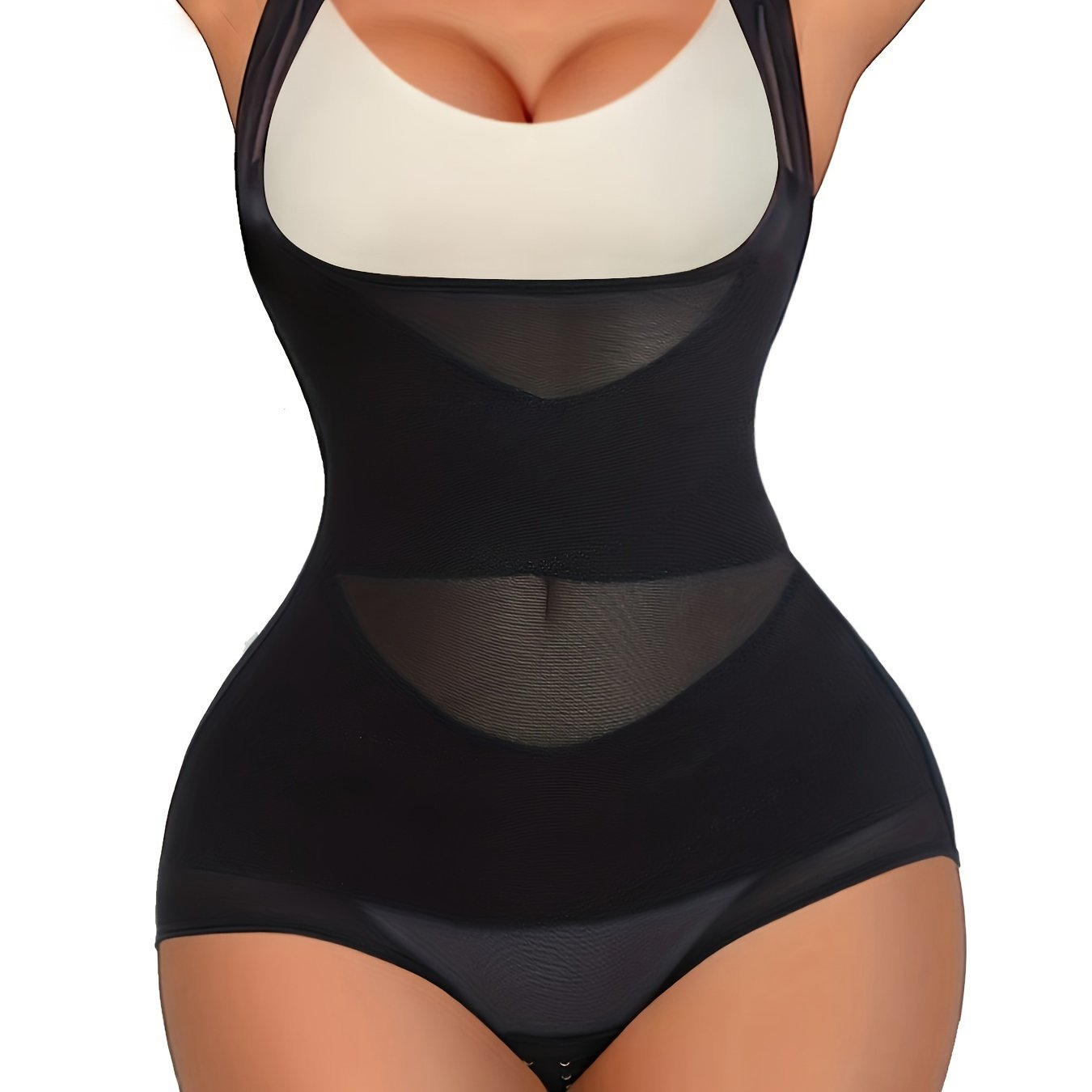 Qorin nazorati va butni ko'tarish bilan kontrast to'rali shakllantiruvchi bodysuit, ayollar uchun ochiq ko'krakli tana shakllantiruvchi.