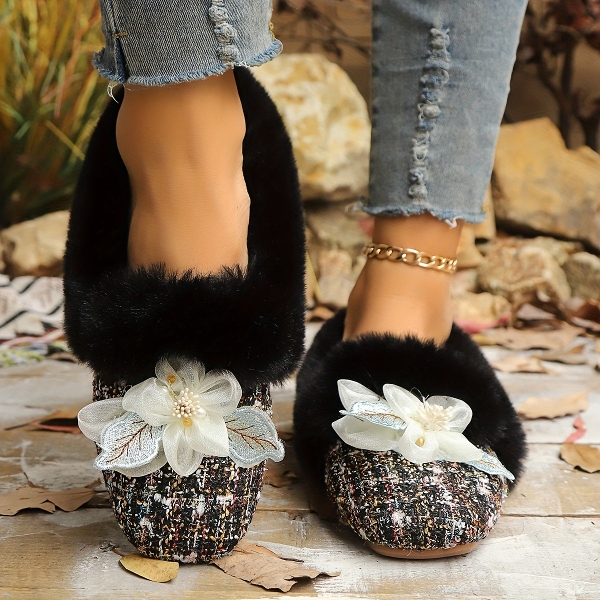 Women's Fleece-Lined Slip-On Flats with Bowknot Square Toe Indoor Outdoor Shoes