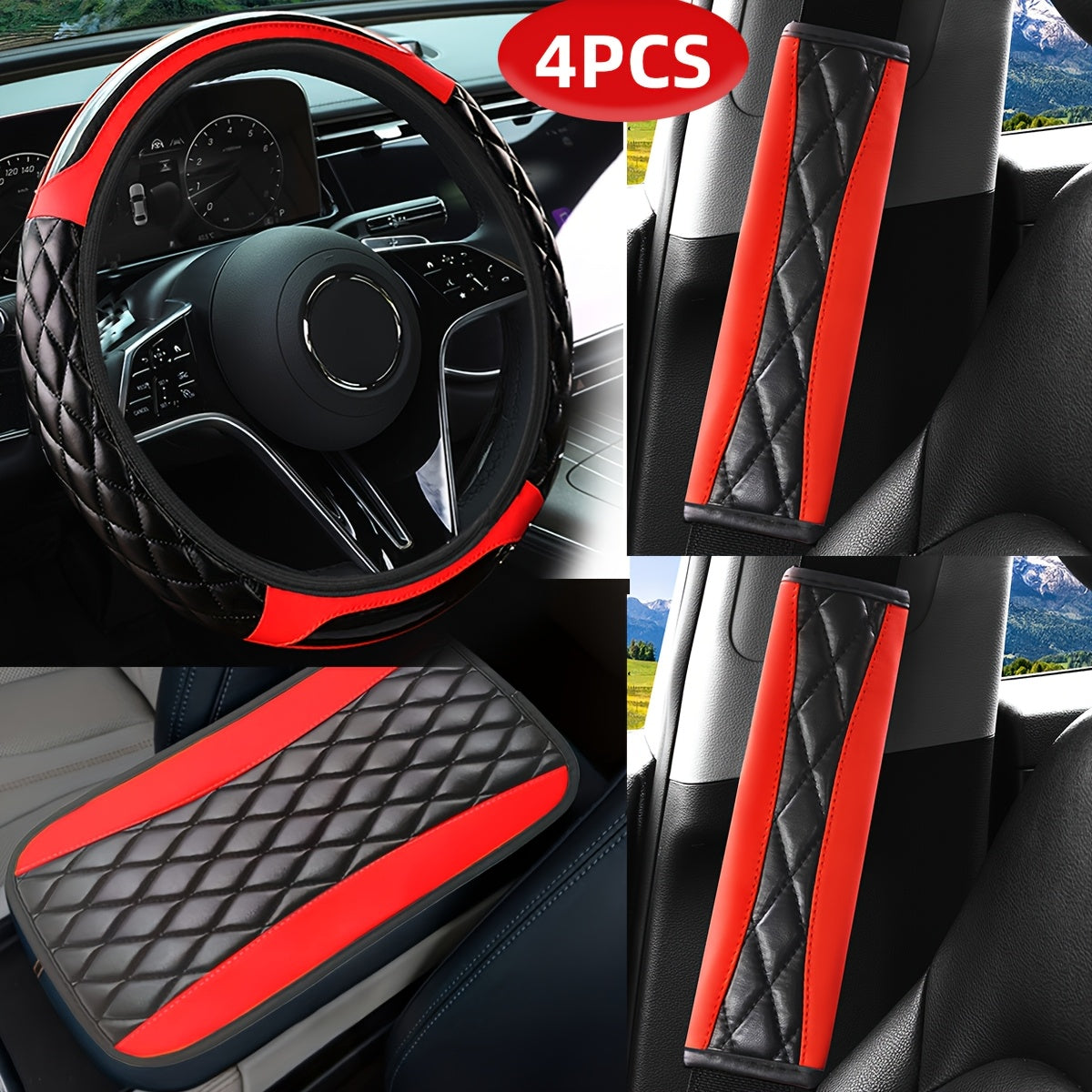 Juego de interior de coche de fibra de carbono para unisex incluye cubierta de volante, cubierta de cinturón de seguridad y almohadilla de reposabrazos