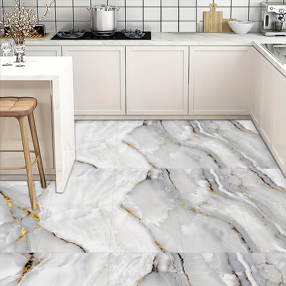 Waterproof Marble Pattern PVC Floor Stickers for Kitchen Decor, 10 Pieces