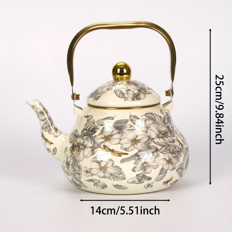 Vintage Enamel Tea Kettle with Gold-Plated Steel Handle 1100W Non-Electric Water Boiler